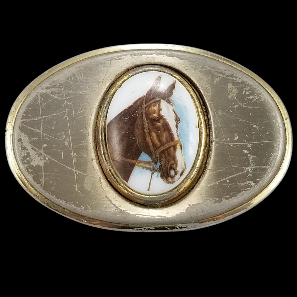 Vintage‎ Oval Belt Buckle Horse Head Design Silver tone Metal USA Made